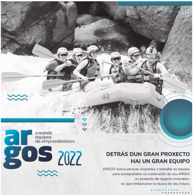 ARGOS 2022 creando equipos de emprendedores. Detrás dun gran proxecto hai un gran equipo. ARGOS busca persoas a traballar en equipo. para acompañalos na construcción do seu ARGO: un proxecto de negocio innovador, no que embarcarse na busca do seu futuro.