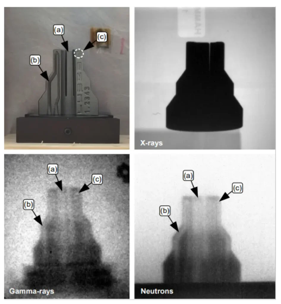 Image of a sample viewed with X-rays, gamma rays, and neutrons
