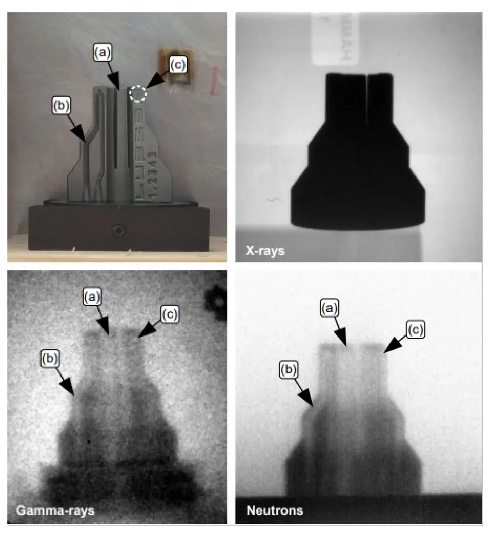Image of a sample viewed with X-rays, gamma rays, and neutrons