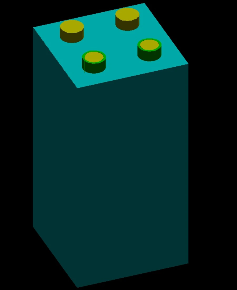 A concrete column with a cross-sectional area of 20 x 20 cm, containing 4 steel rebars with a diameter of 4 cm each, two of which have 4 mm of iron oxide (rust)